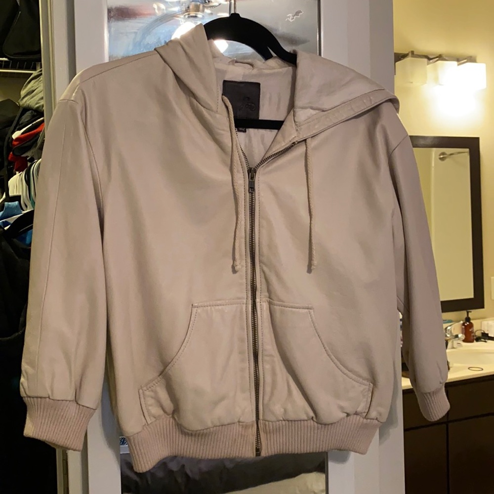 Joie Cropped Leather Zip Up Hoodie